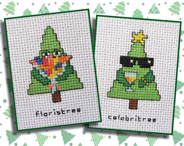 Cross stitch images of 'floristree' and 'celebritree'