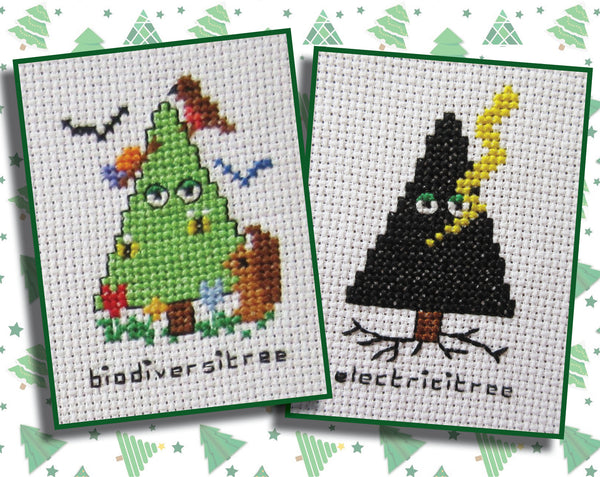 Cross stitch images of 'biodiversitree' and 'electricitree'.