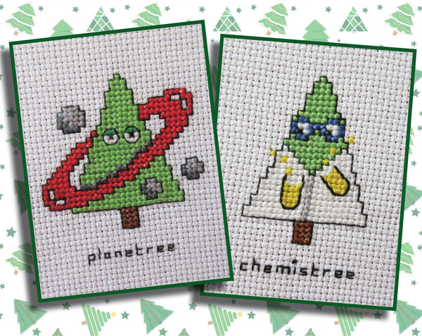 Cross stitch images of 'planetree' and 'chemistree'