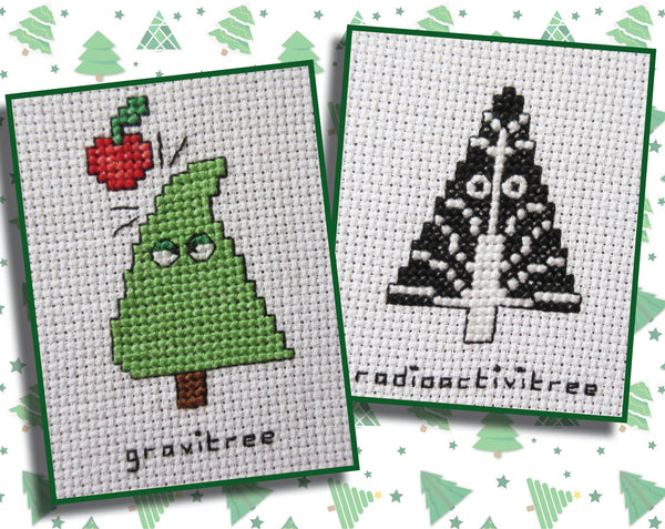 Cross stitch images of 'gravitree' and 'radioactivitree'