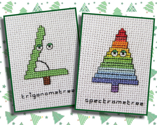 Cross stitch images of 'trigonometree' and 'spectrometree'
