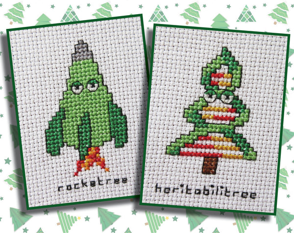 Cross stitch images of 'rocketree' and 'heritabilitree'