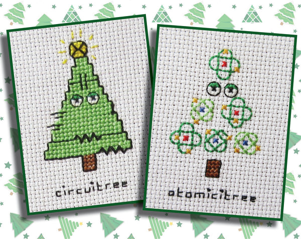 Cross stitch images of 'circuitree' and 'atomicitree'