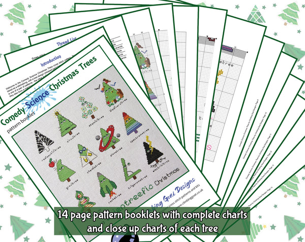 Comedy Science Christmas Tree Stitchalong cross stitch pattern. Pages of PDF pattern booklet.