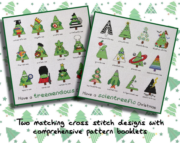 Comedy Christmas Trees cross stitch pattern and Comedy Science Christmas Trees cross stitch pattern. Picture of stitched pieces with the words "Two matching cross stitch designs with comprehensive pattern booklets".