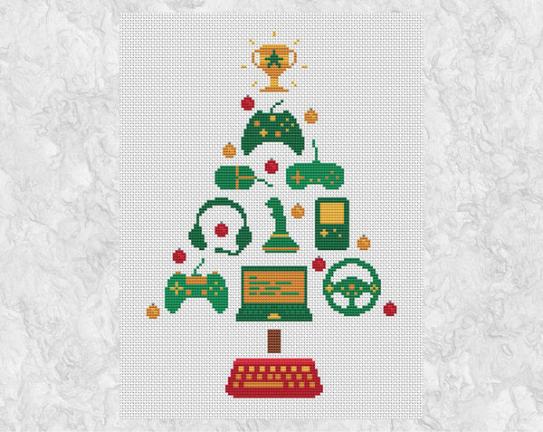 Computer Gamers' Christmas Tree cross stitch pattern. The tree features three consoles, a mouse, a joystick, a handheld game, a game driving wheel, a laptop and baubles, and a keyboard forms the pot. Shown without frame.