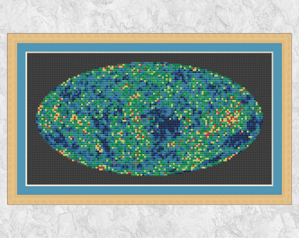 Cosmic Microwave Background Radiation astronomy cross stitch pattern - shown with frame