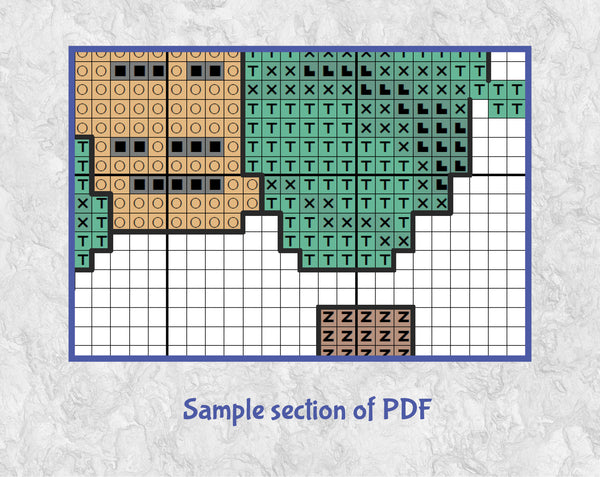 Crochet Christmas Tree cross stitch pattern. A Christmas Tree shape made up of yarn, scissors, crochet hooks and stitch markers - and ideal picture to cross stitch for any crochet lover. Sample section of PDF.
