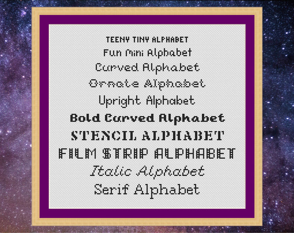 Cross stitch alphabet font collection containing 20 complete backstitch alphabet patterns, ideal for personalising any cross stitch project. List of first half of alphabet names - Teeny Tiny Alphabet, Fun Mini Alphabet, Curved Alphabet, Ornate Alphabet, Upright Alphabet, Bold Curved Alphabet, Stencil Alphabet, FIlm Strip Alphabet, Italic Alphabet, Serif Alphabet.