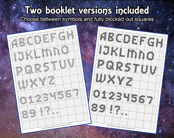 Cross stitch alphabet font collection containing 20 complete backstitch alphabet patterns, ideal for personalising any cross stitch project. Example pages from the two booklet versions included - choose between symbols and fully blocked out squares.