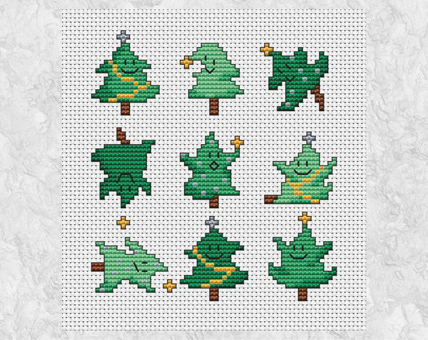 Dancing Christmas Trees cross stitch pattern. Nine cute mini Christmas trees. Shown without frame.