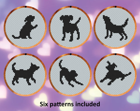 Dog Silhouettes cross stitch patterns. Six patterns included.