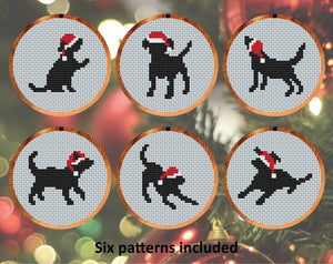 Dogs in Christmas Hats cross stitch patterns. Set of six designs shown in 3 inch hoops.
