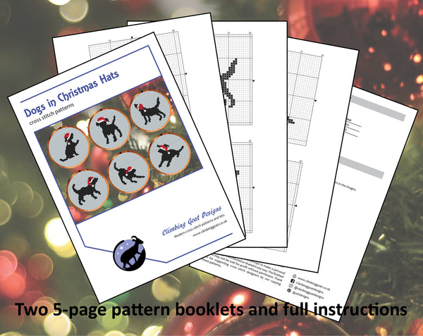 Dogs in Christmas Hats cross stitch patterns - pages from 5 page pattern booklet.