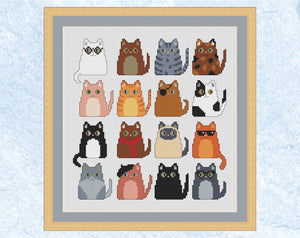 Funky Cats cross stitch pattern - sixteen fun mini cats in different colours. Shown with frame.