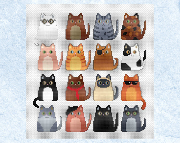 Funky Cats cross stitch pattern - sixteen fun mini cats in different colours. Shown without frame.