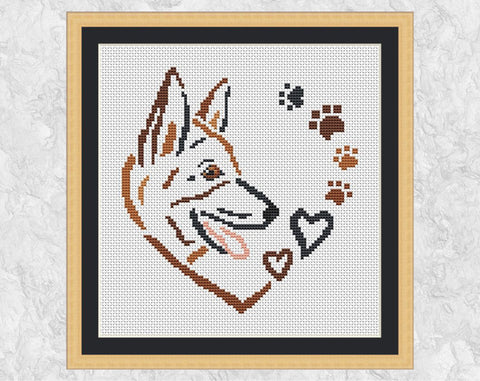 German Shepherd Dog Sketched Heart cross stitch pattern. Shown with frame.