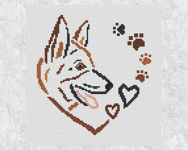 German Shepherd Dog Sketched Heart cross stitch pattern. Shown withoutt frame.
