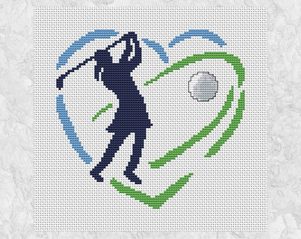 Golf Heart cross stitch pattern, with golfer wearing a skirt. Shown without frame.