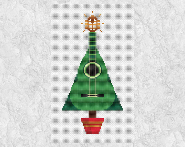 Guitar Christmas Tree cross stitch pattern. Shown without frame.