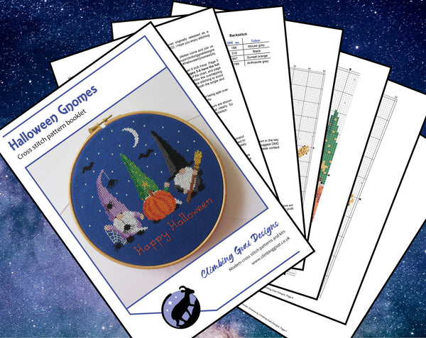 Halloween Gnomes cross stitch pattern. Pages of PDF pattern booklet.
