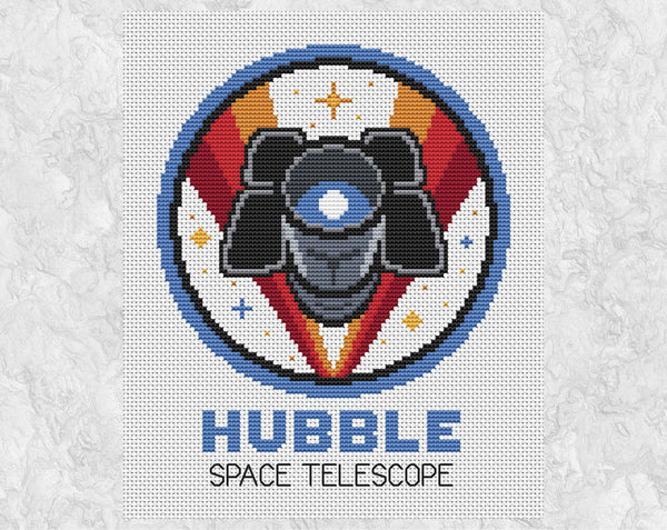 Hubble Space Telescope cross stitch pattern - shown on pale fabric without frame