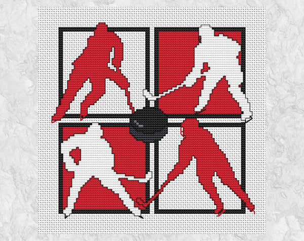 Ice Hockey Players cross stitch pattern. The silhouettes of four ice hockey players in red and white, with a puck in the centre. Shown without frame.