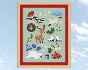 Icy Winter cross stitch pattern - shown with frame
