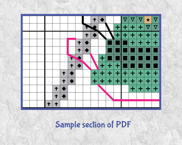 Knitted Christmas Tree cross stitch pattern. A knitted Christmas Tree shape still on the knitting needles, with a ball of yarn forming the pot. Section of PDF.