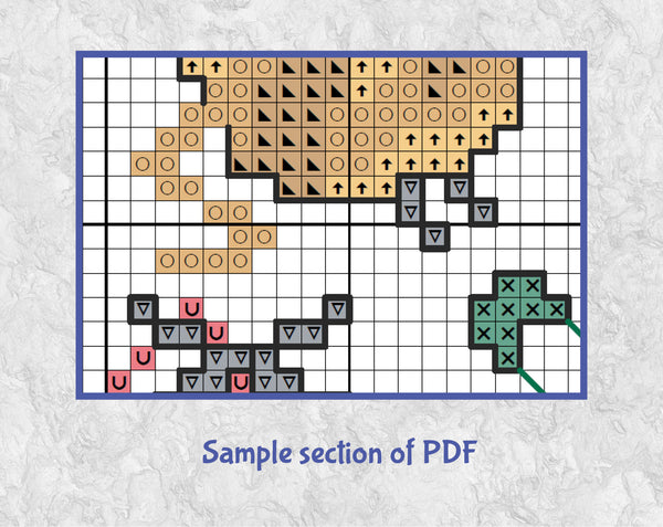 Knitting Christmas Tree cross stitch pattern. A Christmas tree shape made up of yarn, knitting, knitting needles, scissors, a basket of yarn and stitch markers. Section of PDF.