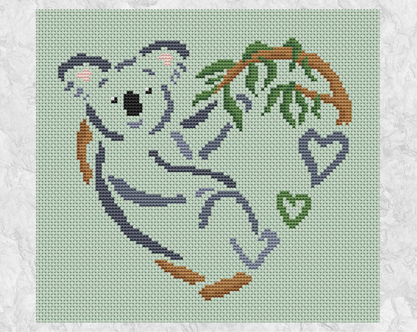 Koala Heart cross stitch pattern. Shown without frame.
