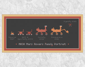NASA Mars Rovers - astronomy cross stitch pattern - shown with frame