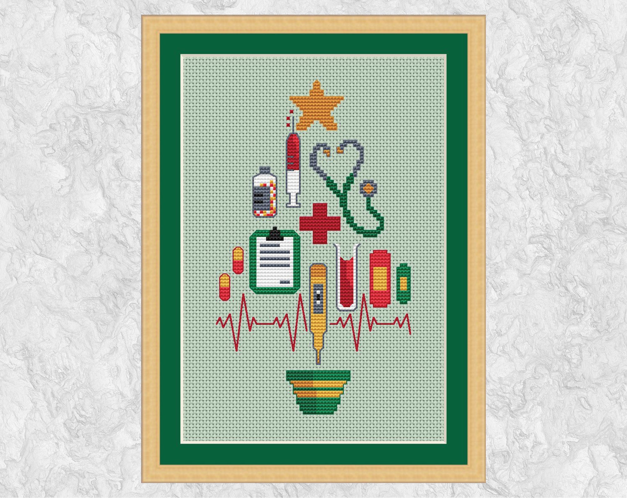 This Medical Christmas Tree cross stitch pattern makes a fun gift or large Christmas card for anyone with a medical connection - doctors, nurses, medical receptionists, therapists and any of the many others working so hard in the medical field. The tree is made up a syringe, stethascope, bottle of tablets, red cross, clipboard, pills, thermometer, test tube, plasters and a heart beat trace, all topped with a Christmas star and with a Christmas tree pot underneath. Shown with frame.