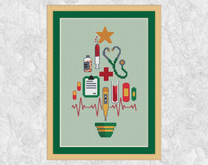 This Medical Christmas Tree cross stitch pattern makes a fun gift or large Christmas card for anyone with a medical connection - doctors, nurses, medical receptionists, therapists and any of the many others working so hard in the medical field. The tree is made up a syringe, stethascope, bottle of tablets, red cross, clipboard, pills, thermometer, test tube, plasters and a heart beat trace, all topped with a Christmas star and with a Christmas tree pot underneath. Shown with frame.