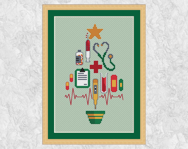 This Medical Christmas Tree cross stitch pattern makes a fun gift or large Christmas card for anyone with a medical connection - doctors, nurses, medical receptionists, therapists and any of the many others working so hard in the medical field. The tree is made up a syringe, stethascope, bottle of tablets, red cross, clipboard, pills, thermometer, test tube, plasters and a heart beat trace, all topped with a Christmas star and with a Christmas tree pot underneath. Shown with frame.