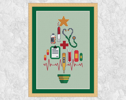 This Medical Christmas Tree cross stitch pattern makes a fun gift or large Christmas card for anyone with a medical connection - doctors, nurses, medical receptionists, therapists and any of the many others working so hard in the medical field. The tree is made up a syringe, stethascope, bottle of tablets, red cross, clipboard, pills, thermometer, test tube, plasters and a heart beat trace, all topped with a Christmas star and with a Christmas tree pot underneath. Shown with frame.