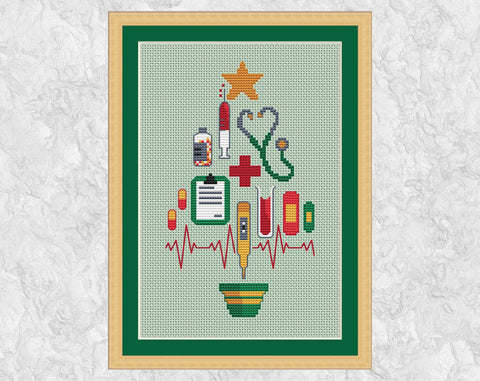 This Medical Christmas Tree cross stitch pattern makes a fun gift or large Christmas card for anyone with a medical connection - doctors, nurses, medical receptionists, therapists and any of the many others working so hard in the medical field. The tree is made up a syringe, stethascope, bottle of tablets, red cross, clipboard, pills, thermometer, test tube, plasters and a heart beat trace, all topped with a Christmas star and with a Christmas tree pot underneath. Shown with frame.