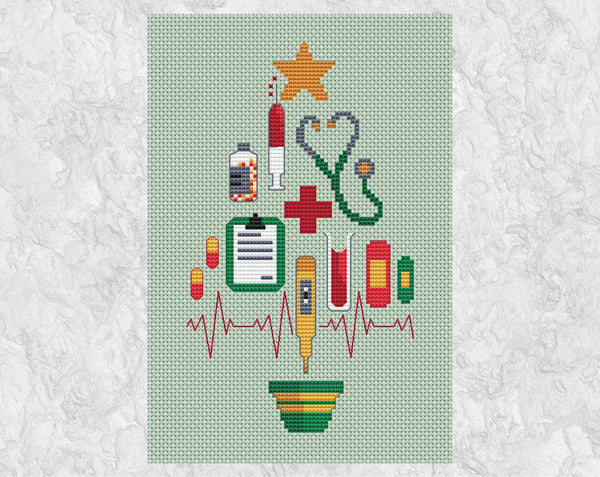 This Medical Christmas Tree cross stitch pattern makes a fun gift or large Christmas card for anyone with a medical connection - doctors, nurses, medical receptionists, therapists and any of the many others working so hard in the medical field. The tree is made up a syringe, stethascope, bottle of tablets, red cross, clipboard, pills, thermometer, test tube, plasters and a heart beat trace, all topped with a Christmas star and with a Christmas tree pot underneath. Shown without frame.
