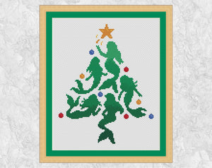 Mermaid Christmas Tree cross stitch pattern. Shown with frame.