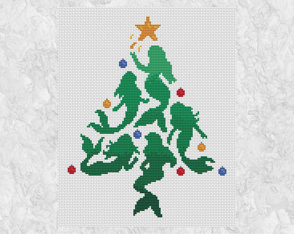 Mermaid Christmas Tree cross stitch pattern. Shown without frame.