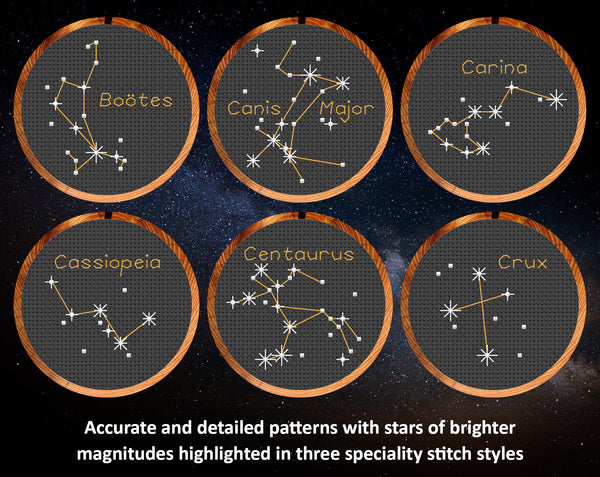 Mini Constellations: Accurate and detailed patterns with stars of brighter magnitudes highlighted in three speciality stitch styles. Constellations shown are Bootes, Canis Major, Carina, Cassiopeia, Centaurus and Crux.