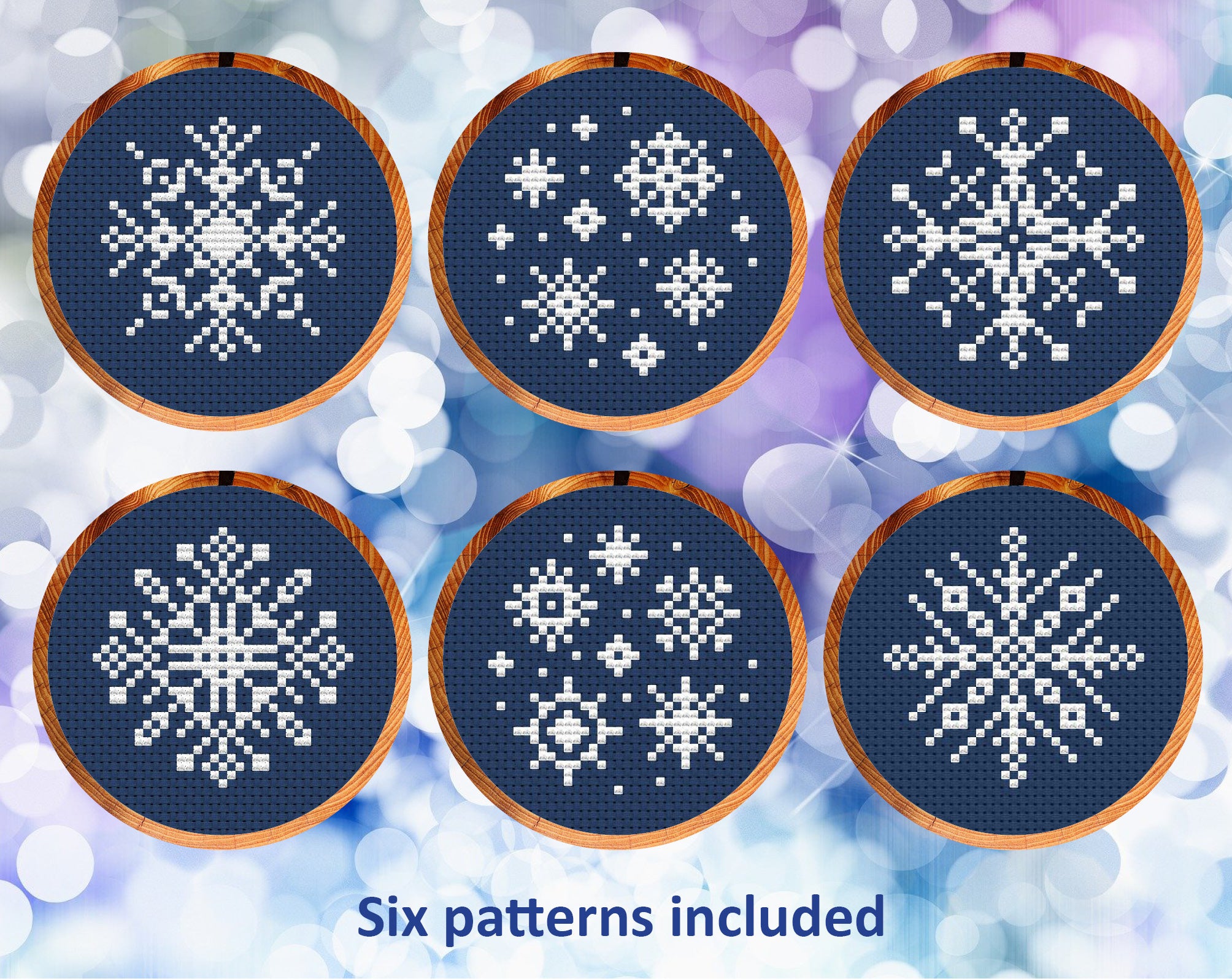 Set of six mini snowflakes cross stitch patterns in hoops