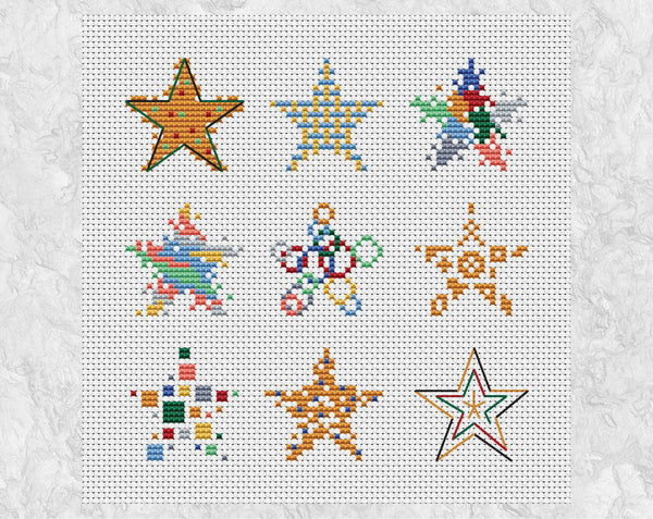 Nine mini Christmas stars cross stitch pattern - each in different styles. Shown without frame.