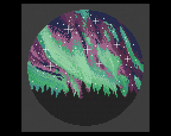 Northern Lights cross stitch pattern. Shown without frame.