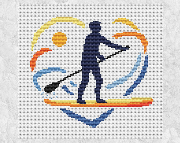 Paddleboarding Heart cross stitch pattern. Silhouette of SUP paddleboarder in sunset and water heart shape. Shown without frame.