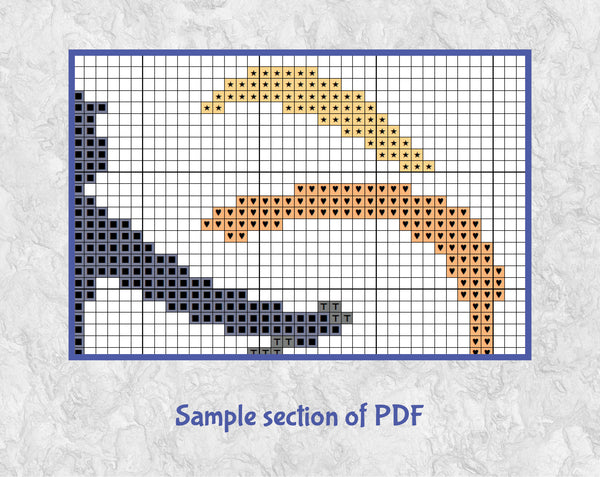 Paddleboarding Heart cross stitch pattern. Silhouette of SUP paddleboarder in sunset and water heart shape. Sample section of PDF.