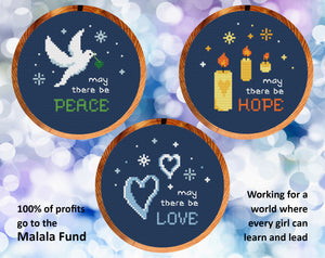 Peace, Love and Hope cross stitch patterns. Three mini designs in 5 inch hoops. 100% of profits go to the Malala Fund.