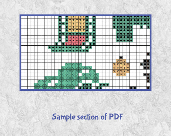 Photographers' Christmas Tree cross stitch pattern: the tree features four cameras, two camera lenses, film negatives, a laptop and photo prints. The flash of one of the cameras forms the Christmas tree star, and a tripod forms the base of the tree. Sample section of PDF.