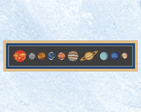 Cross stitch pattern of all the planets in the Solar System, along with the Sun and Pluto, arranged in the order of their distance from the Sun. The planets are accurately designed from NASA images as much as possible given the limitations of size. Shown with frame.