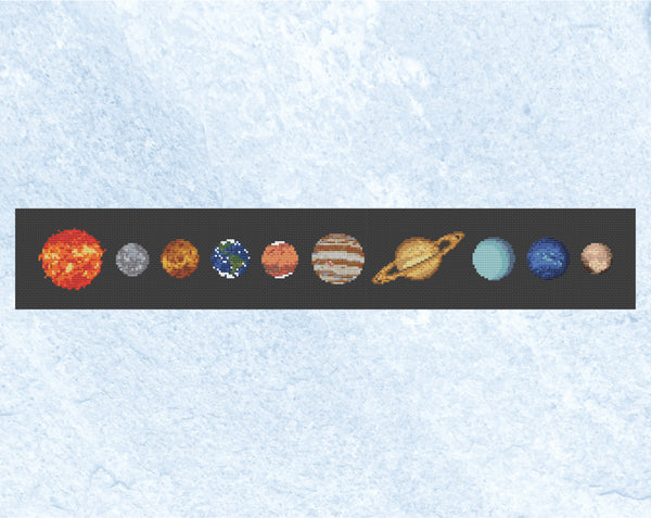 Cross stitch pattern of all the planets in the Solar System, along with the Sun and Pluto, arranged in the order of their distance from the Sun. The planets are accurately designed from NASA images as much as possible given the limitations of size. Shown without frame.